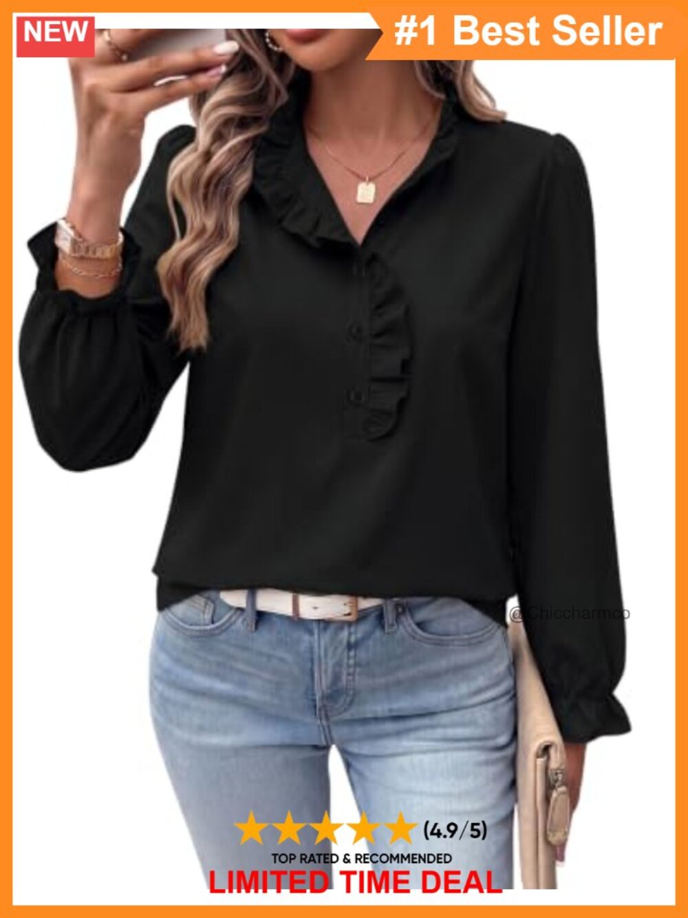 Women's Tencel Blend Button Down Ruffle Collar Work Blouse